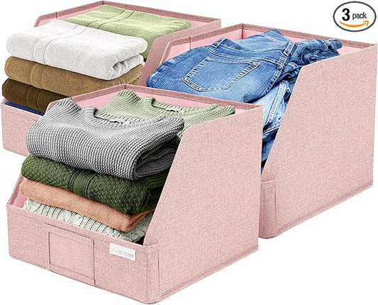 Closet Bins for Organization – 12x12x10 Foldable Boxes for Clothes, Fabric Trapezoid Storage Bins, Storage Baskets, Decorative Storage Baskets, Sweaters, Baby Clothes, Nursery– Pink, 3 Pack