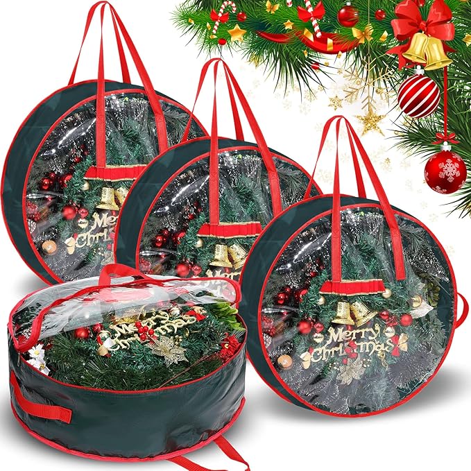 Shappy 4 Pcs Christmas Wreath Storage Bag Wreath Storage Container with Clear Window Plaid Box with Handles for Storing Garland Holiday Wrapping(Green,24 x 8 Inch)