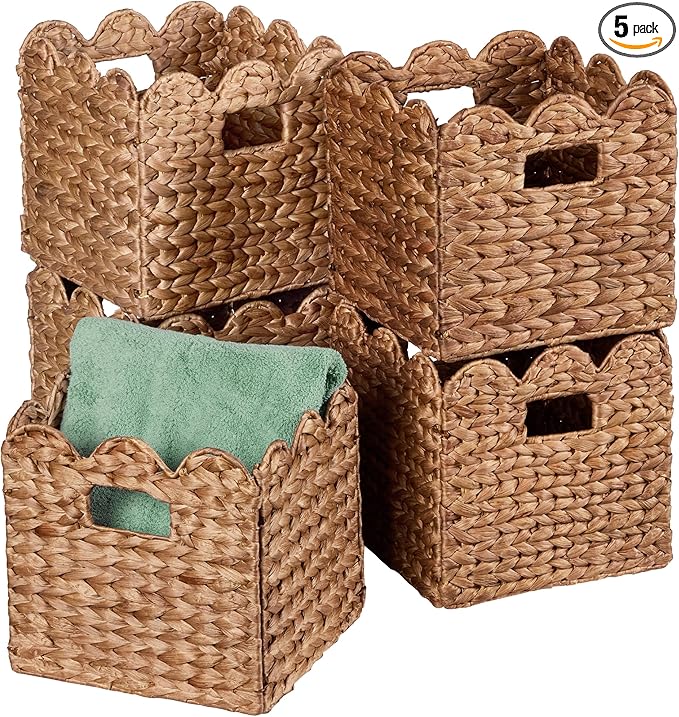 Best Choice Products 12 x 12in Scalloped Hyacinth Baskets, Rustic Set Of 5 Multipurpose Collapsible Storage Organizer, Handwoven Laundry Totes for Bedroom, Living Room, Shelves – Chestnut