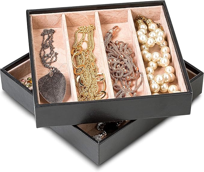 Glenor Co Jewelry Organizer Tray - Set of 2 - Stackable 8 Slots Jewelry Storage Trays - Display on Dresser or Drawer - for Necklace & Bracelet - Compatible with Other Trays - Black
