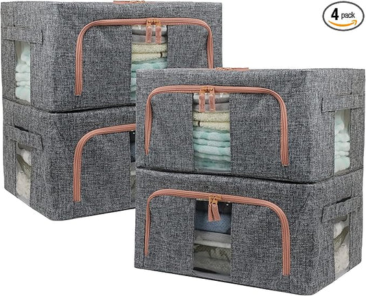 Linen Clothes Storage Bins, 4PCS Sturdy Closet Organizers and Storage Bin with Metal Frame, 2 Opening Ways Fabric Visible Lidded Storage Box for Organizing Clothing,Jeans,Sheets (4PC Gray, 22Liters)
