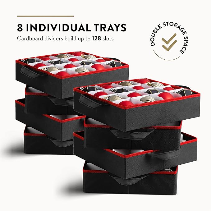Premium Christmas Bauble Storage Box With Dividers - 128 Compartment Xmas Ornament Storage Box - Designed for Delicate Christmas Decorations & Baubles - Tear Proof 600D Oxford Fabric - 5 Year Warranty