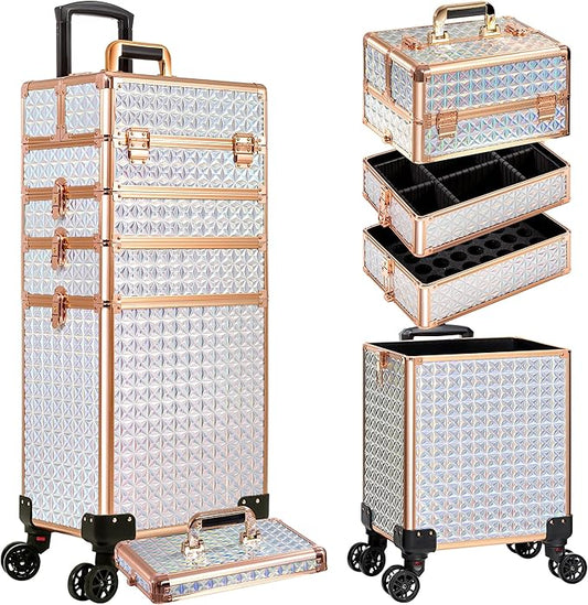 AROUS 5 in 1 Rolling Makeup Train Case Cosmetology Case on Wheels Large Cosmetic Organizer Travel Cart for Hairstylist Artist Nail Beauty Salon Barber,White