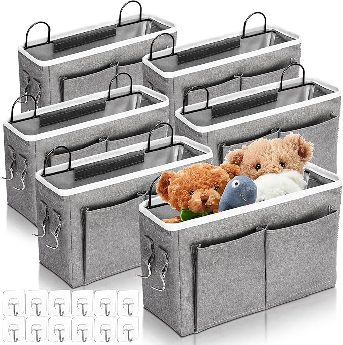 Berlune 6 Pcs Wall Hanging Storage Bag Wall Organizer Bag with Pockets and Hooks Linen Cotton Closet Hanging Organizer Basket for Bedroom Bathroom Dormitory, 11.4 x 7.5 x 4''(Pure)