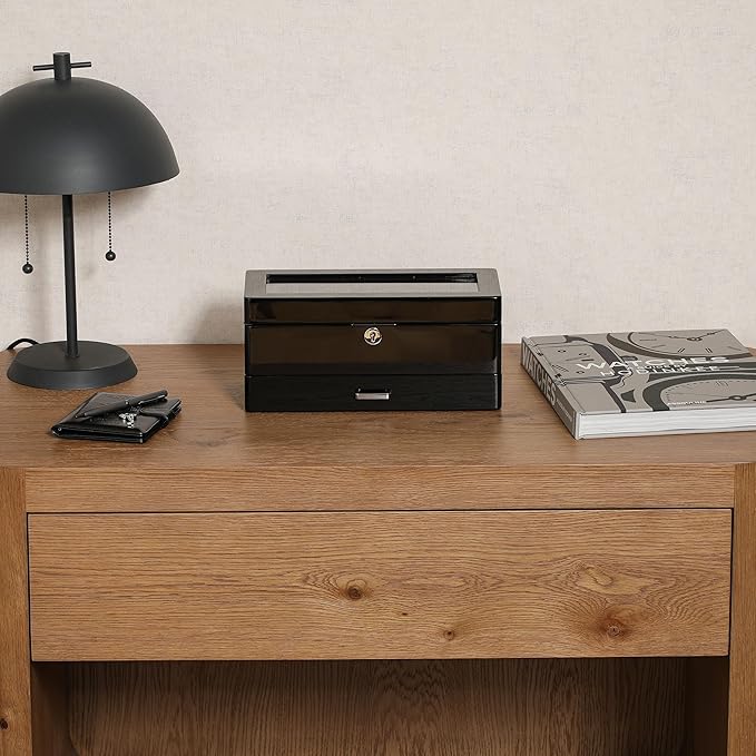 ROTHWELL 4-Slot Piano Black Watch Box with Valet Drawer - Premium Jewelry Display Case Organizer with Locking Glass Top and Microsuede Liner for Men & Women (Black Interior)