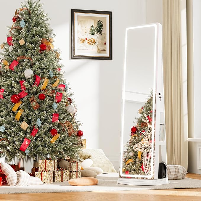LED Mirror Jewelry Cabinet Standing, Swivel Jewelry Armoire with Full Length LED Mirror and Adjustable Lights, Lockable Standing Jewelry Storage Organizer, White