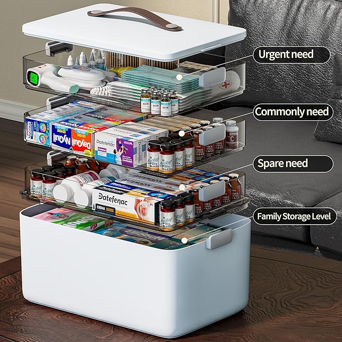 CTIME 4-Tier XL Medicine Organizer with Leather Handle - Portable Pill Case & Empty First Aid Kit for Home, Travel, RV, School, Dorm | Ideal Elderly Gift