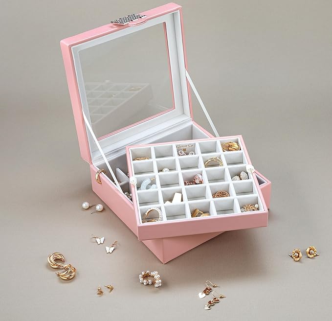 Glenor Co Earring Organizer - Classic 50 Section Jewelry Box/Case/Holder for Earrings, Rings, Necklaces, Jewelry, Cufflinks or Collections -2 Layer Small Compartments with Large Glass Top - Soft Pink