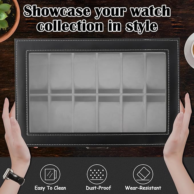 Ogrmar 12 Slot PU Leather Lockable Watch Storage Boxes, Men & Women Jewelry Display Drawer Case, 2-tier Organizer Watch Showcase with Glass Lid (Black)