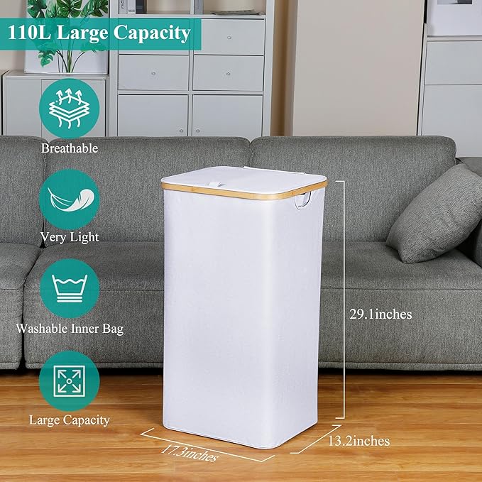 110L Laundry Hamper with Lid，Dirty Clothes Hampers for Laundry,Laundry Basket with Bamboo Handles and Removable Bag,Hamper for Bedroom, Bathroom, Dorm, Laundry Room, White