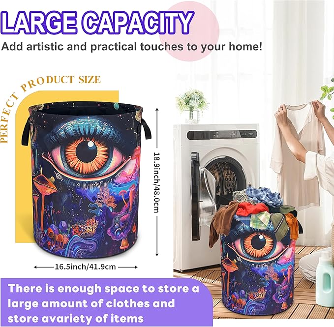 Abstract Eyes Mushrooms Laundry Basket Funny Oxford Cloth Laundry Hamper With Handle Foldable Portable Clothes Storage Basket 18.9 X 16.5 In Storage Bag For Laundry Room/Bathroom/Bedroom/Dormitories
