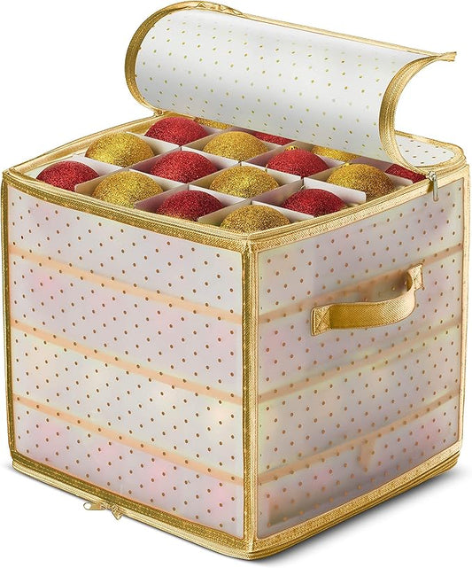 ZOBER Christmas Ornament Storage Box Plastic - Stores 64 3" Ornaments with Individual Trays - Ornament Organizer Storage Box, Durable Christmas Containers Holder - Gold