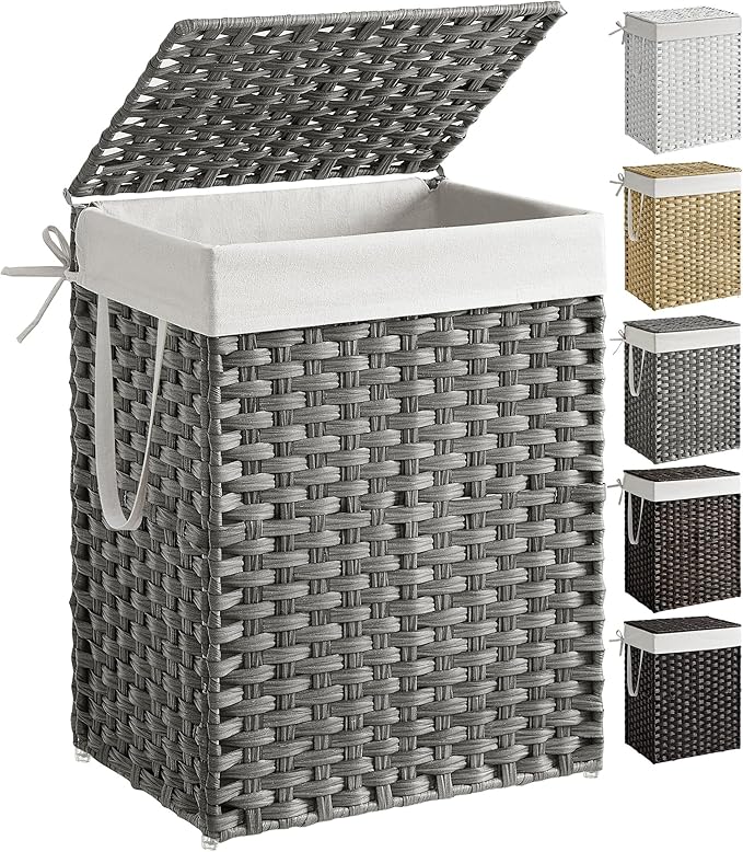 SONGMICS Laundry Hamper with Lid, 23.8 Gallon (90 L) Synthetic Rattan Clothes Laundry Basket with Lid and Handles, Foldable, Removable Liner, Dove Gray ULCB51WG