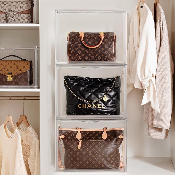 HBlife 3 Pack Purse Storage Organizer for Closet, X-Large Clear Stackable Handbag Display Case Box with Magnetic Door for Collectibles, Cosmetics, Women Heels and Toys