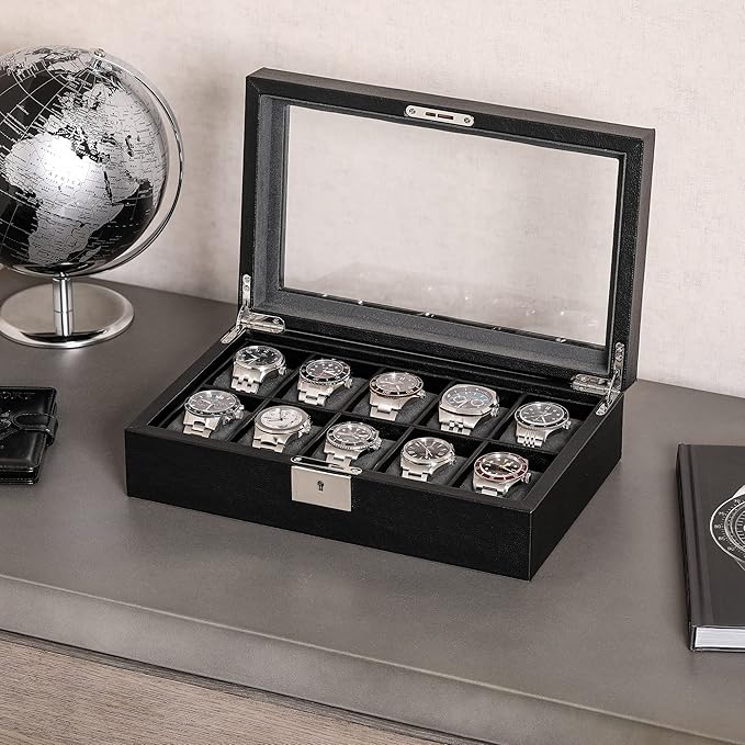 ROTHWELL 10 Slot Leather Watch Box - Luxury Case Display Jewelry Organizer - Locking Watch Display Case Holder with Large Glass Top - Box Organizer for Men and Women (Black/Grey)
