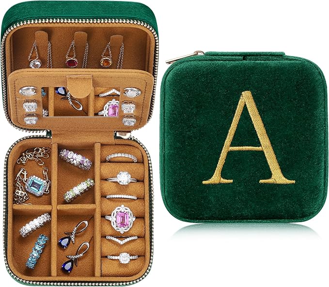 Parima Valentines Day Gifts for Her - Gifts for Women, Plush Velvet Travel Jewelry Case, Small Jewelry Box, Birthday Gift for Women Her, Personalized Gifts - Letter A, Green