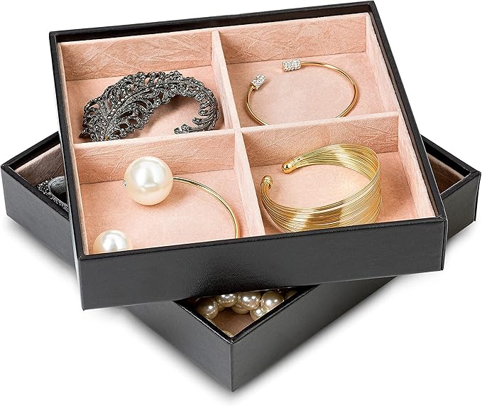 Glenor Co Jewelry Organizer Tray - Set of 2 - Stackable 8 Square Slot Jewelry Storage Trays - Display on Dresser or Drawer - Compatible with other trays - Black
