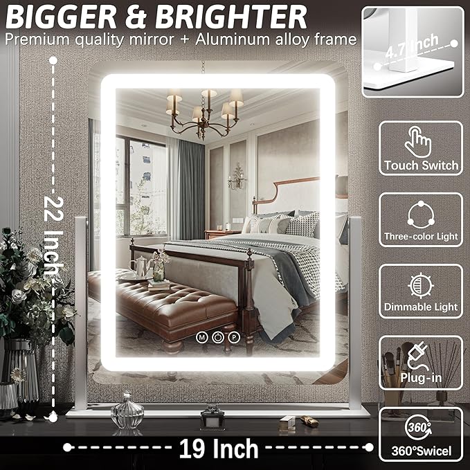 FENNIO Vanity Mirror with Lights 22 Inch- LED Lighted Makeup Mirror,Large Makeup Mirror with Lights,Touch Screen with 3-Color Lighting,Led Mirror Makeup,Dimmable(White)