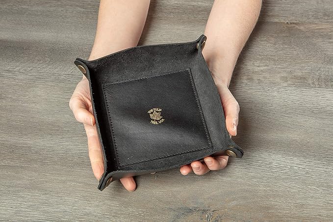 USA Handmade Premium Leather Valet Tray, Folds Flat! Dice Rolling Basket and Organizer with Brass Snaps - for Keys, Jewelry, Coin, EDC, Watch Storage Caddy - Black Medium