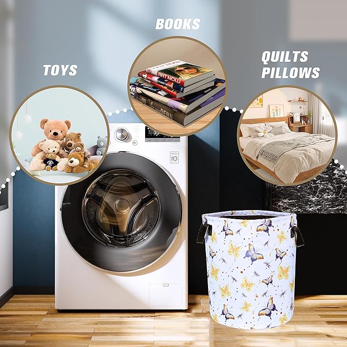 Butterfly Laundry Basket Colorful Animals Foldable Oxford Cloth Tote Bag Laundry Hamper Clothes Storage Bucket Organizer For Bathroom/Laundry Storage/Bedroom Storage Basket 17.7x13.7Inch
