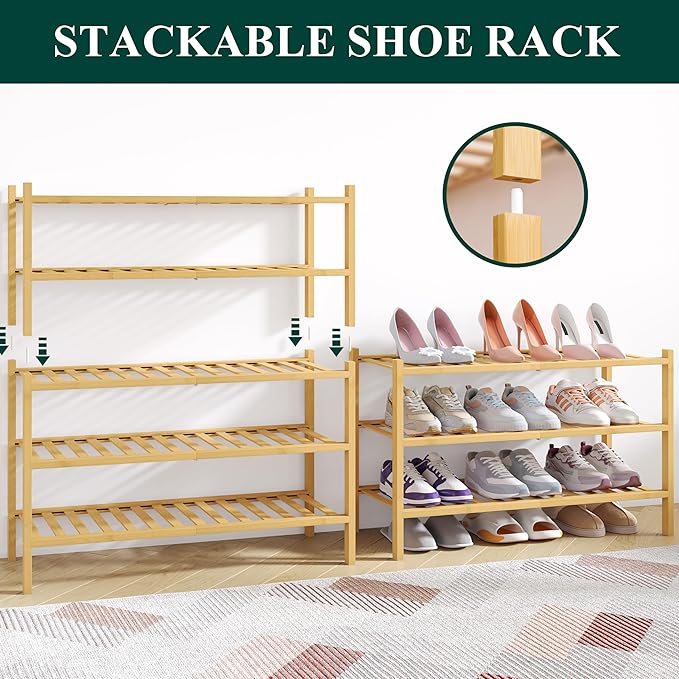 Smiry Bamboo Shoe Rack for Closet, 3 Tier Wooden Stackable Shoe Organizer, Free Standing Shoes Storage Shelf for Entryway, Front Door Entrance, Natural & Black