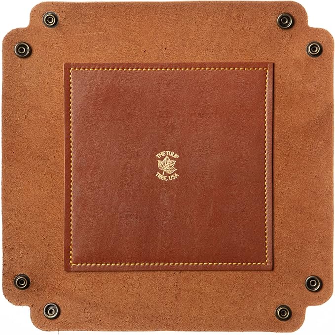 USA Handmade Premium Leather Valet Tray, Folds Flat! Dice Rolling Basket and Organizer with Brass Snaps (Chestnut Gold, Large)