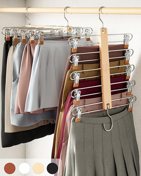 MORALVE Skirt Hangers Space Saving with Clips - 2 Pack - European Beechwood 5-Tier Hanger for Shorts, Skirts, and Pants - Closet Organizer and Storage Solution for Women with 360° Swivel Hook