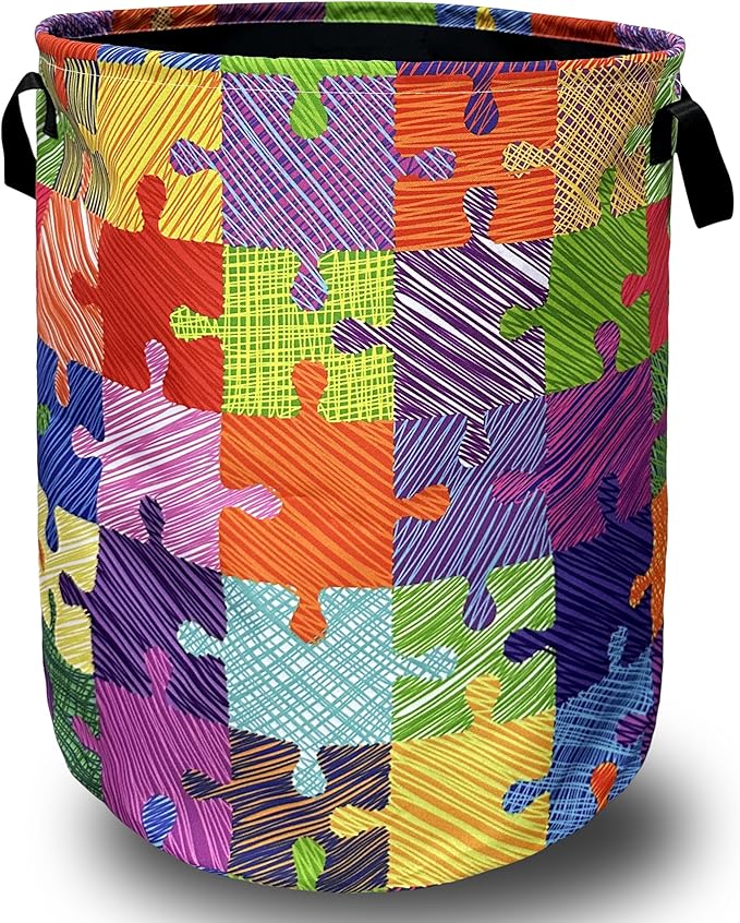 Colorful Autism Puzzles Laundry Basket With Handles Tote Bag Oxford Cloth Laundry Hamper 18.9" x 16.5 "Foldable Clothes Storage Bucket Toy Organizer For Bathroom/Laundry/Bedroom