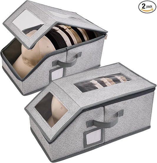 2 Pack Hat Storage for Baseball Caps, Hat Box with Clear View Window, Hat Organizer for Baseball Caps Holds 30 Caps with Cardboard for Men & Women, Ball Cap Organizer for Closet & Shelf (Light Gray)