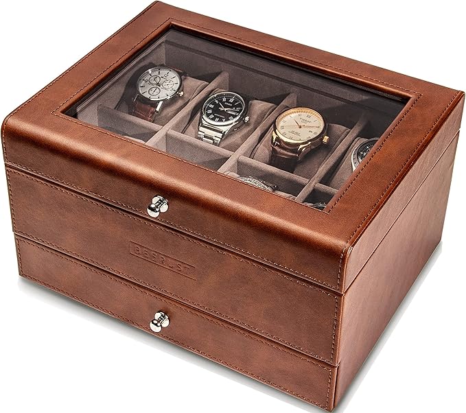 Watch box organizer for men - Leather watch case - Luxury watch box - For large mens wrist watches - Mens jewelry box organizer - Watch case - With mens valet drawer - Watch display case