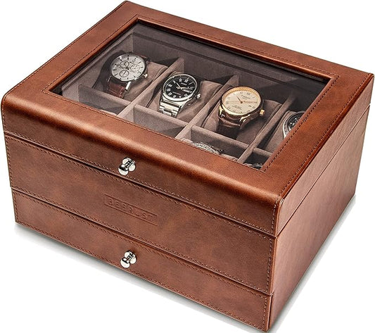 Watch box organizer for men - Leather watch case - Luxury watch box - For large mens wrist watches - Mens jewelry box organizer - Watch case - With mens valet drawer - Watch display case