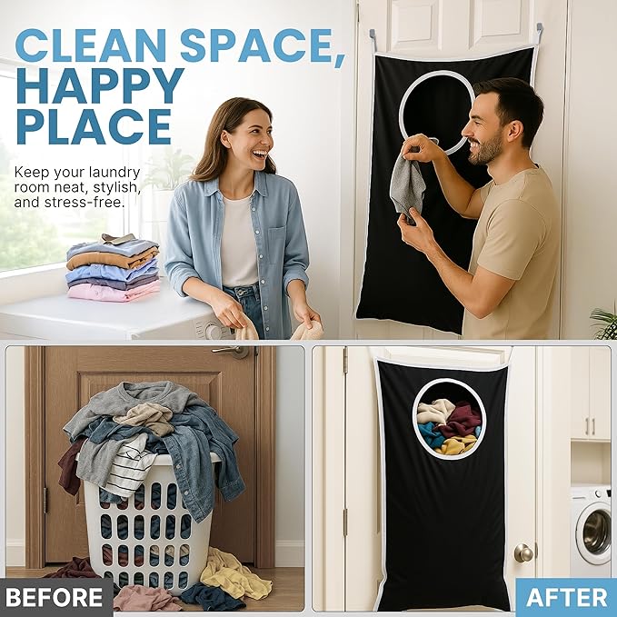 Hanging Laundry Hamper Bag XL 40x22", Space Saving over the Door Storage Bags, Behind the Door Hampers for Dirty Clothes & Wall Mounted Basket for Bathroom (1, Black)