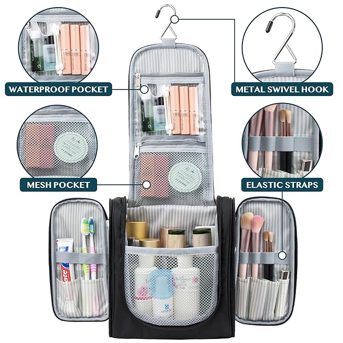 PAVILIA Toiletry Bag Travel Bag for Women Men, Hanging Cosmetic Organizer, Water Resistant Makeup Bag for Accessories Toiletries, Large Travel Essentials Kit (Black)
