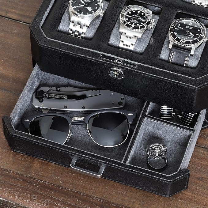 ROTHWELL Gift Set 6 Slot Leather Watch Box and 2 Watch Travel Case - Luxury Case Organizer, Microsuede Liner, Locking Mens Jewelry Watches Holder, Storage Boxes Glass Top (Black/Grey Gift Set)