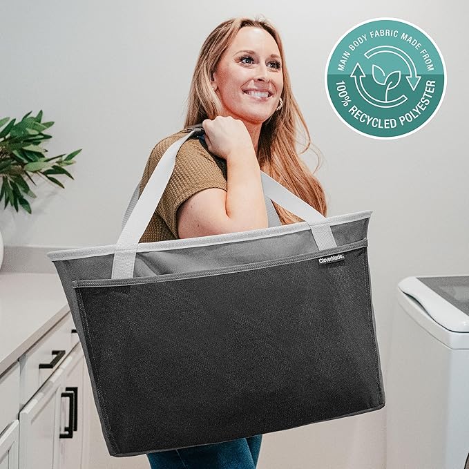 CleverMade Collapsible Tote MAX Carry All - Charcoal Gray 2-Pack 50L - Foldable Storage Organization Container with Storage Pockets and Handles