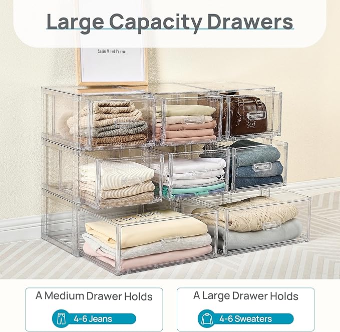 Vtopmart 5 Pack Large & Medium Stackable Drawer Organizer Set, 108QT Easy Assembly Clear Plastic Storage Cabinet, Durable Dresser for Closet, Bedroom, Entryway, Playroom & Apartment Organization