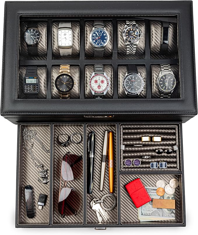 HOUNDSBAY Yachtsman Watch Box Organizer | Luxury Jewelry Organizer with Drawer, Ring Tray & Glass Lid | Great EDC Display Case for Storage | Ideal Gift for Men
