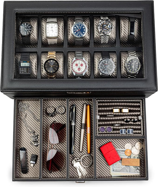 HOUNDSBAY Yachtsman Watch Box Organizer | Luxury Jewelry Organizer with Drawer, Ring Tray & Glass Lid | Great EDC Display Case for Storage | Ideal Gift for Men
