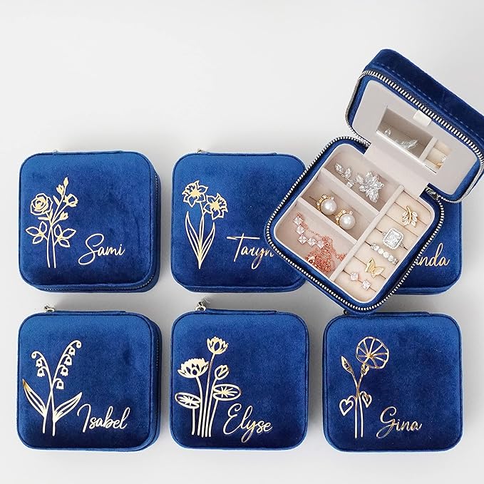 Customizable Compact Velvet Jewelry Box with Mirror, Travel Jewelry Case, Travel Jewelry Organizer, Jewelry Box for Women and Girls, Small Jewelry Organizer (Flower Design, Winter Blue)