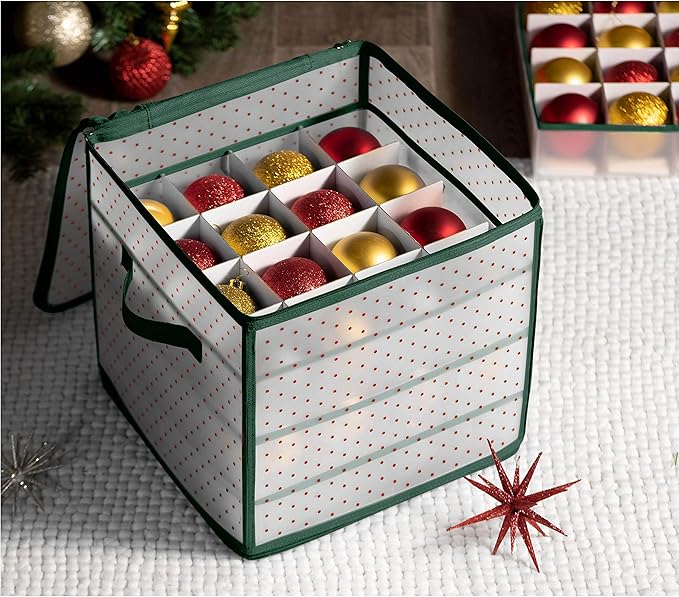 ZOBER Christmas Ornament Storage Box Plastic - Stores 64 3" Ornaments with Individual Trays - Ornament Organizer Storage Box, Durable Christmas Containers Holder - Green