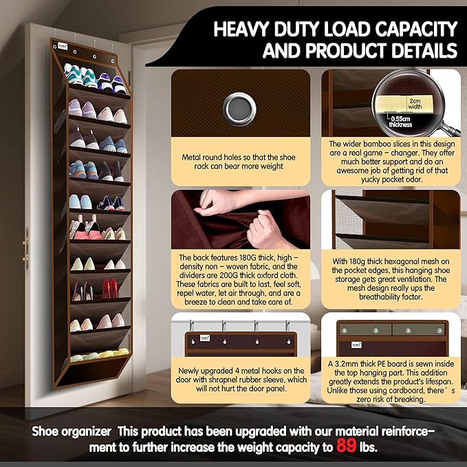 10 Tier Over The Door Organizer - Heavy Duty Hanging Storage Rack with Sturdy Oxford Fabric, Holds 20+ Pairs of Footwear, Boots & Sneakers, Saves 50% Closet Space (Dark Curry)