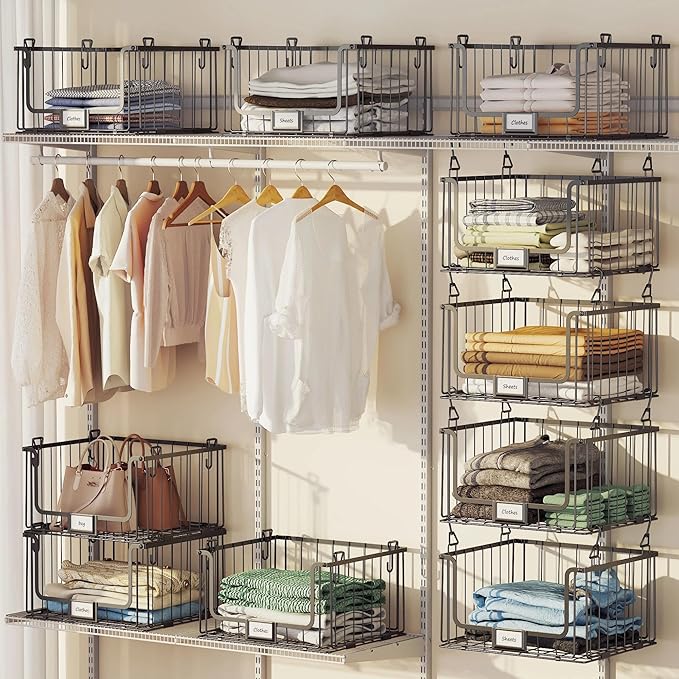 5-Tier Hanging Laundry Room Organizer with Label Cards,Foldable Wire Shelf Basket with 4 Rotating Hooks,Stacked Laundry Basket Organizer,Storage Rack for Laundry Rooms,Closet and Pantry-Black