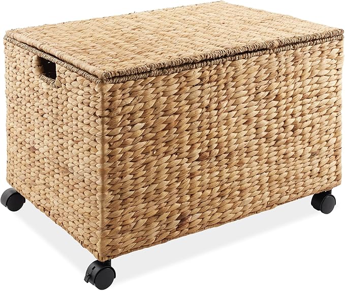 Casafield Rolling Storage Basket Cart with Lid and Locking Wheels, Natural - Handwoven Water Hyacinth Divided Recycling Sorting Bin for Kitchen, Laundry Room, Garage