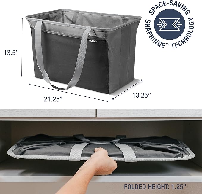 CleverMade Collapsible Tote MAX Carry All - Charcoal Gray 2-Pack 50L - Foldable Storage Organization Container with Storage Pockets and Handles