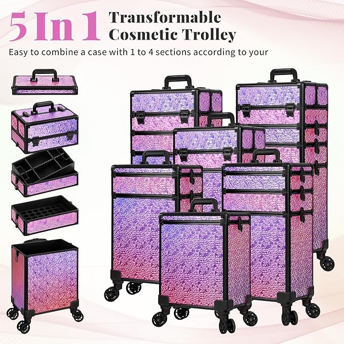 Profesional Rolling Makeup Train Case with Lid, 5 in 1 Cosmetology Case on Wheels, Large Cosmetic Trolley Organizer Travel for Hairstylist Artist Nail Beauty Salon Barber, Gravel Pink