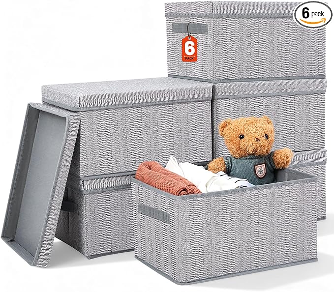 LemonRoad 6 Pack 14'' x 10'' x 8'' Collapsible Storage Bins with Removable Lids, Fabric Closet Organizers with Handles, Foldable Memory Boxes for Organizing Shelves Nursery Bedroom, Home Closet, Gray