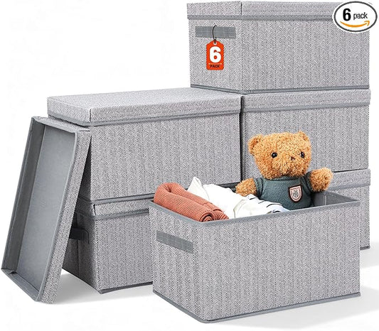LemonRoad 6 Pack 14'' x 10'' x 8'' Collapsible Storage Bins with Removable Lids, Fabric Closet Organizers with Handles, Foldable Memory Boxes for Organizing Shelves Nursery Bedroom, Home Closet, Gray