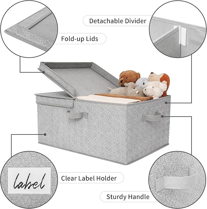 GRANNY SAYS Fabric Storage Bin with Lid, Decorative Storage Box with Label, Extra Large Storage Baskets, Closet Organizer, Memory Keepsake Box, Gray, 1-Pack