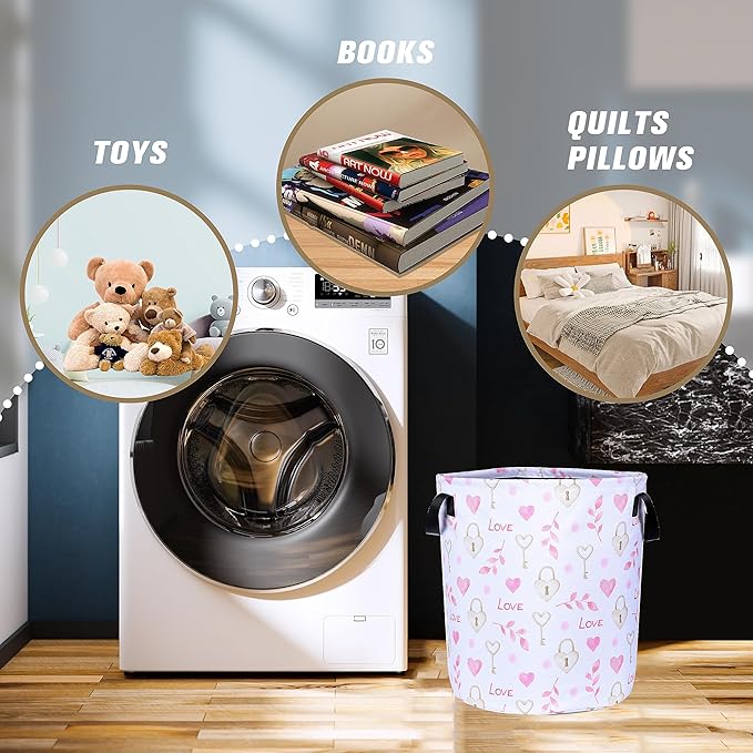 Love Cylinder Key Laundry Basket Pink Heart Foldable Oxford Cloth Tote Bag Laundry Hamper Clothes Storage Bucket Organizer For Bathroom/Laundry Storage/Bedroom 17.7x13.7Inch