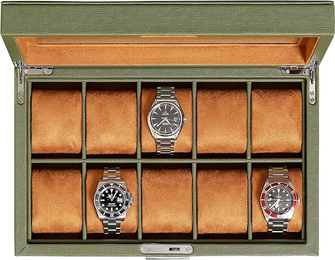 ROTHWELL 10 Slot Leather Watch Box - Luxury Case Display Jewelry Organizer - Locking Watch Display Case Holder with Large Glass Top - Box Organizer for Men and Women (Green/Tan)